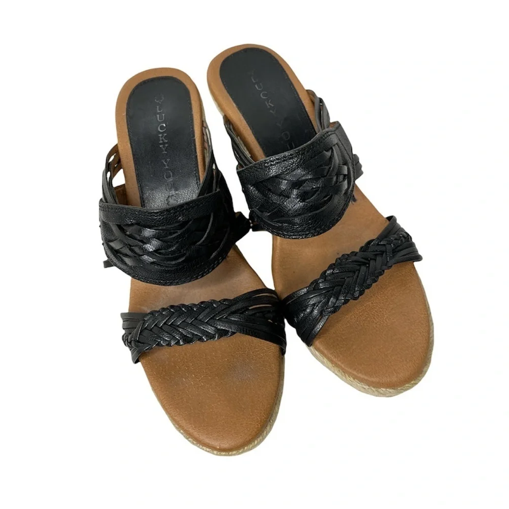 Lucky Brand Espadrille Wedge Black‎ Woven Leather Taleen Sandal Women’s 8M/38